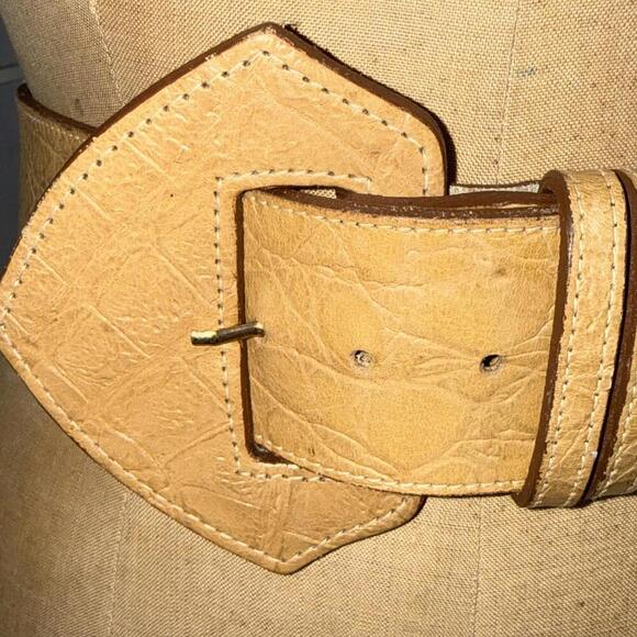 Vintage Sandy Duftler Y2K 90s Tan Leather Chunky Buckle Statement Belt 25-28” XS main image 6